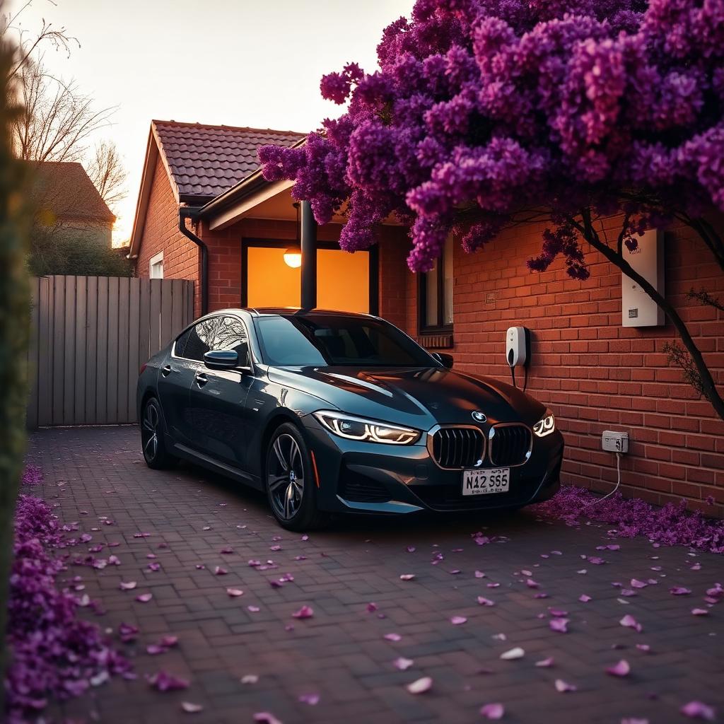 Jacaranda in bloom on Rokeby Road. The charger sits quietly on the brick wall behind.