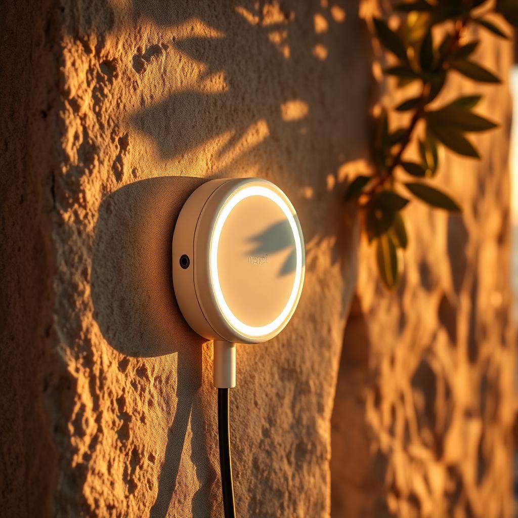 Zappi GLO on a limestone wall. The soft ring shows charging state at a glance.