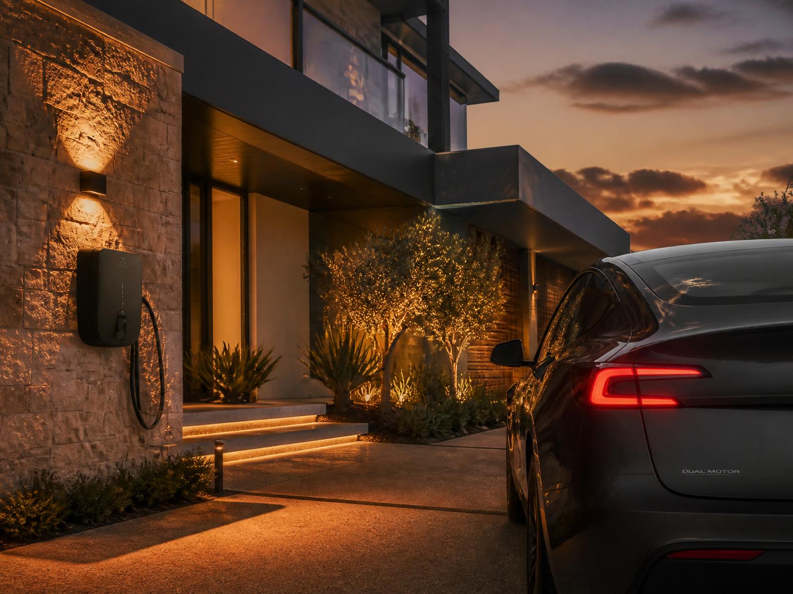 Modern Perth home with a Zappi GLO EV charger at dusk