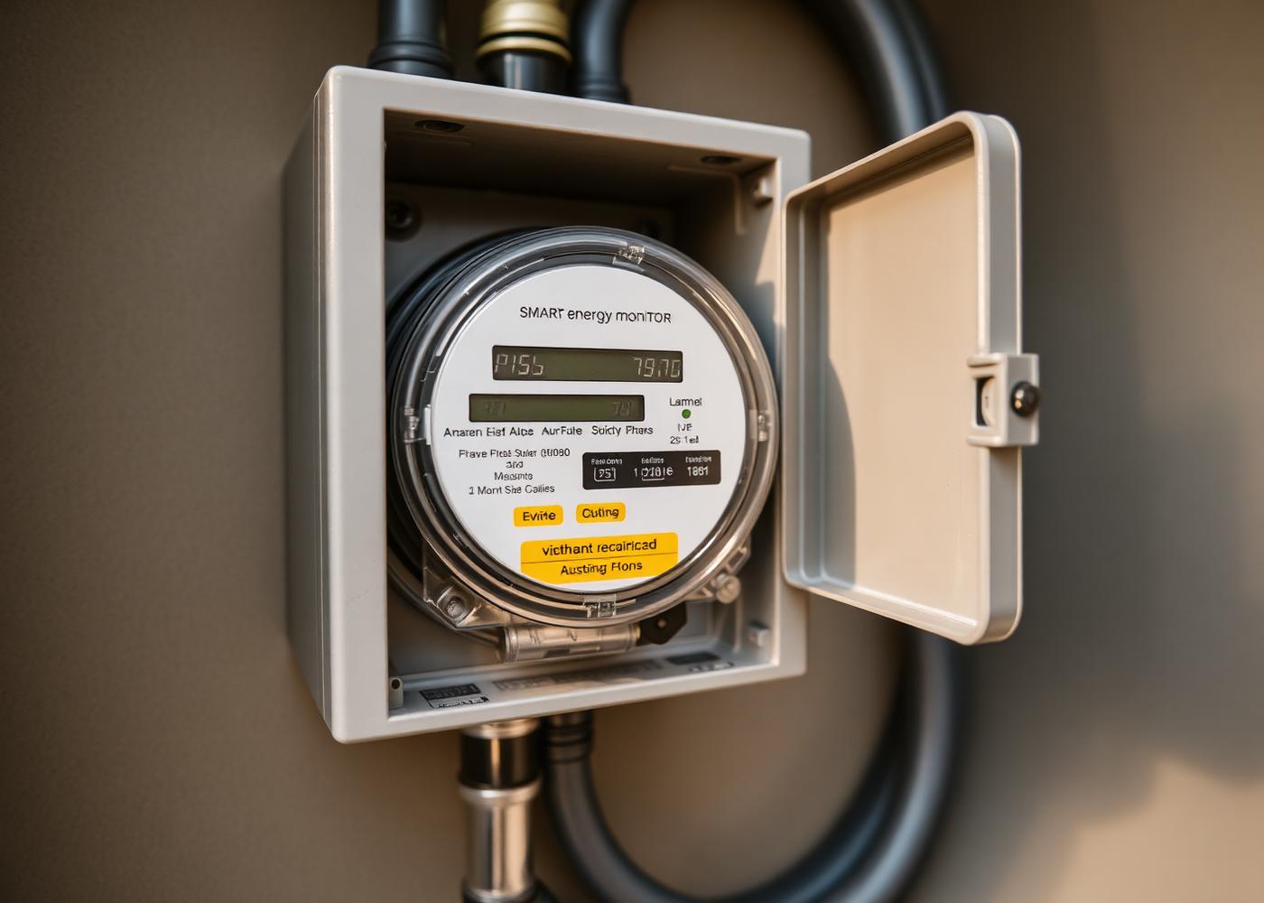 Three-phase meter panel and smart energy monitor installed before the charger goes on the wall.