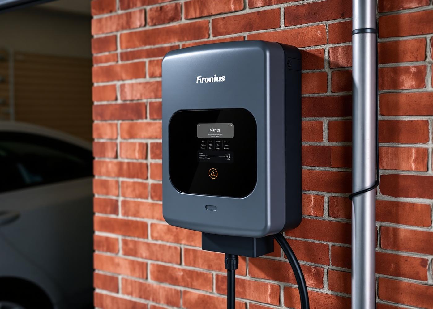 Fronius Wattpilot Home 22 on a red brick garage wall. Three-phase power, discreet finish.