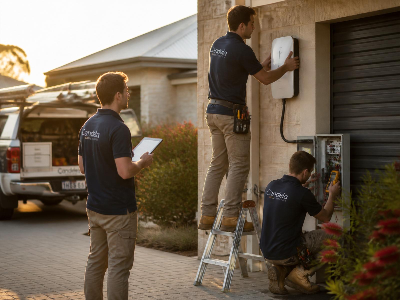Candela electricians in navy Candela polos installing an EV charger and switchboard on a Perth home at golden hour