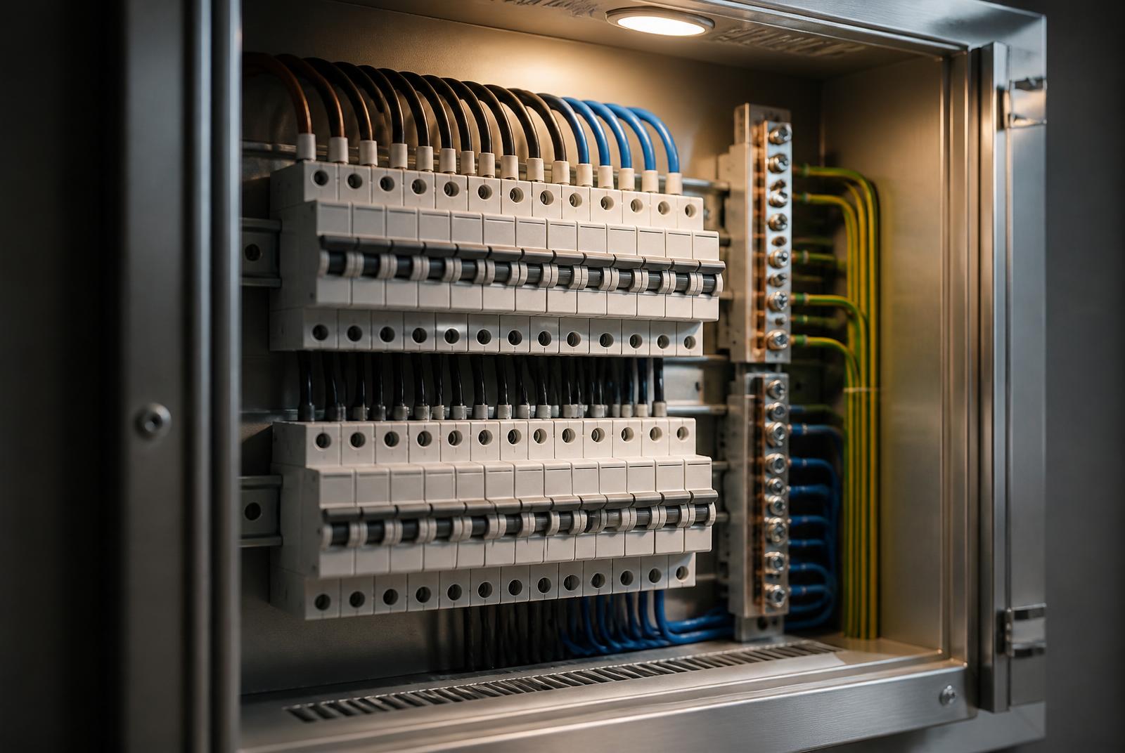 Neatly wired residential switchboard with labelled circuit breakers