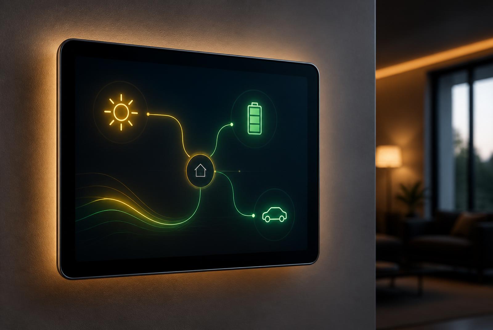 Home energy dashboard showing solar, battery and EV flow