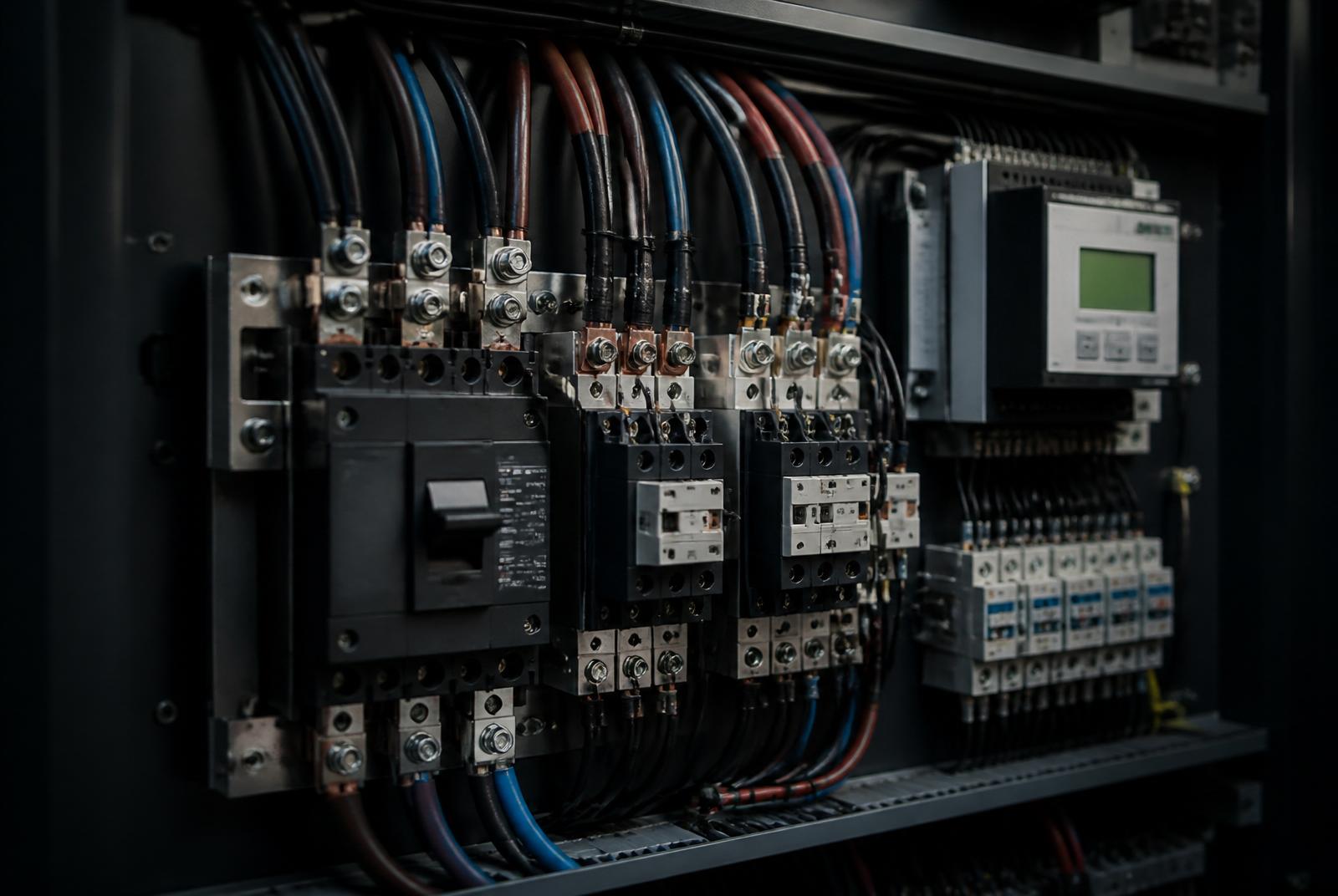 Detail of a commercial three phase electrical distribution board with contactors and controller