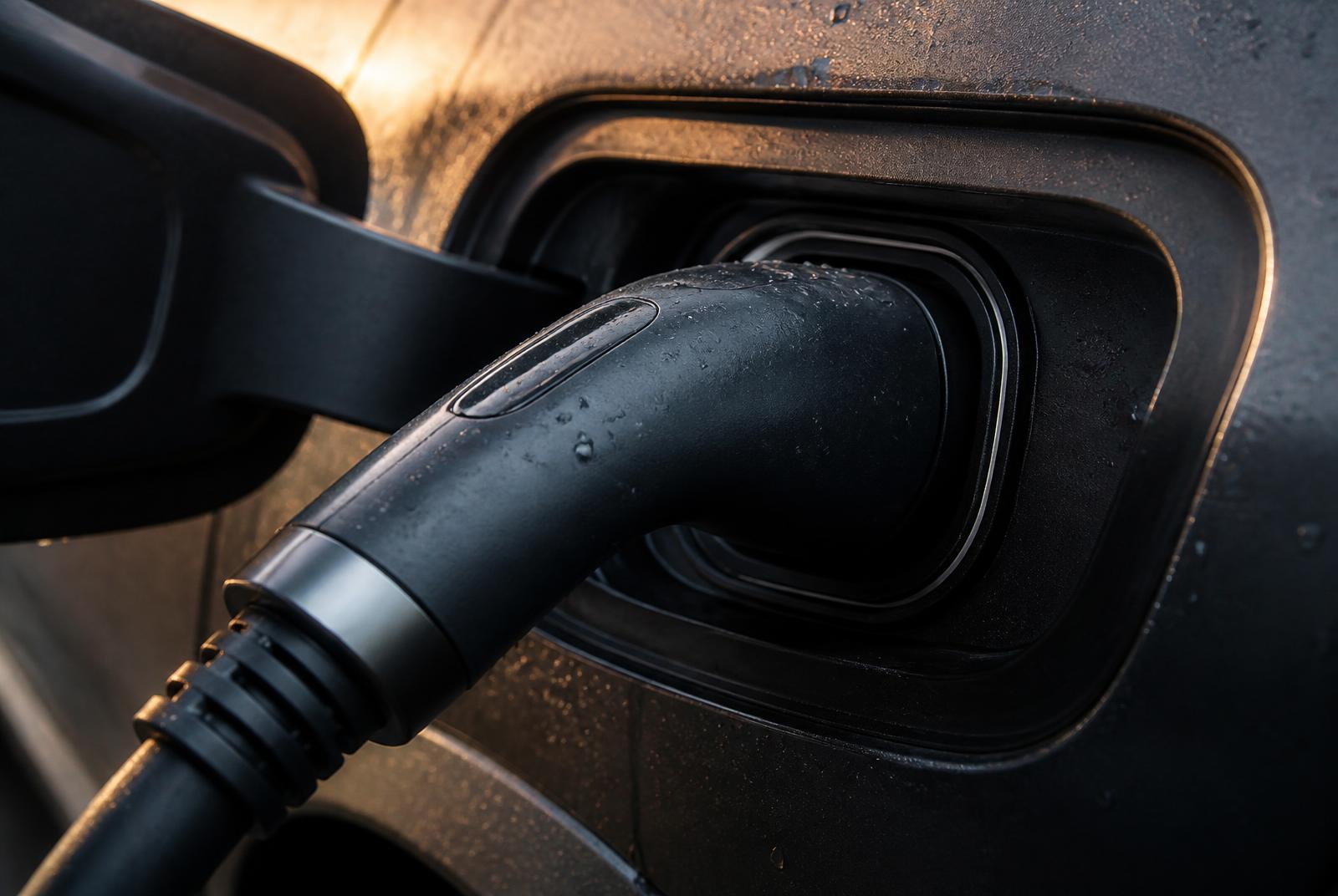 Close up of an EV charging cable plugged into a modern electric car port