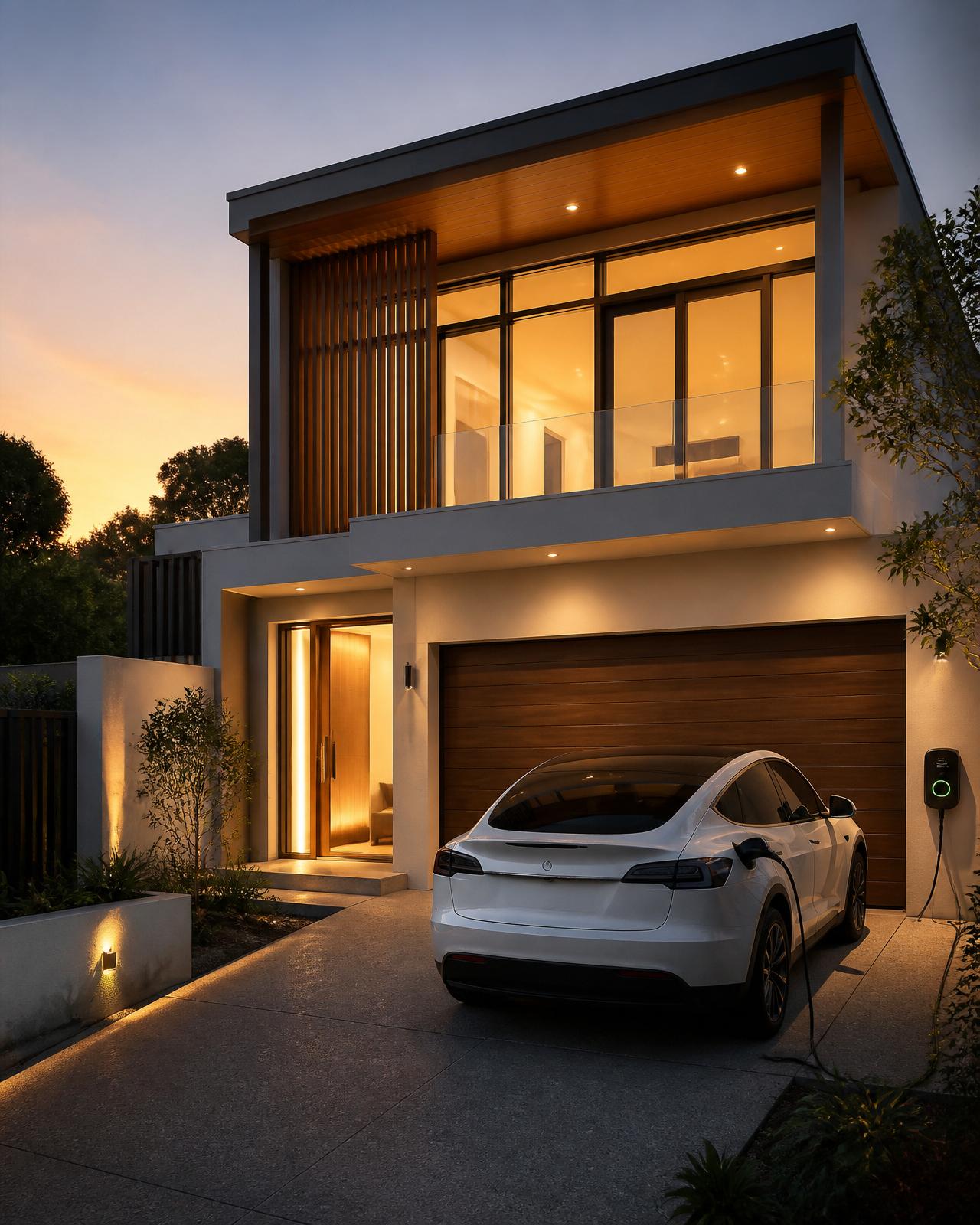 Modern Perth home at dusk with an electric vehicle charging on the driveway