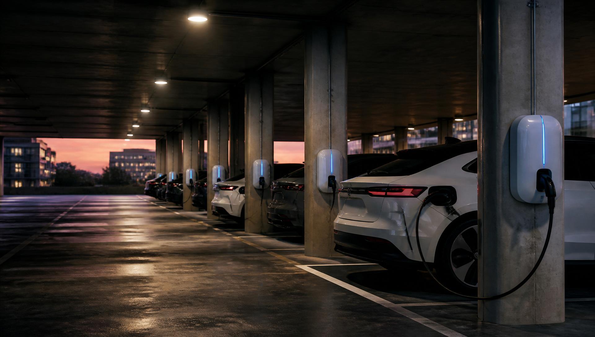 Row of white EV chargers in a modern Perth commercial car park at dusk
