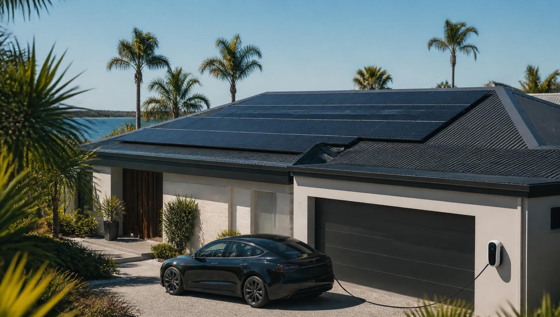 Perth home with solar panels on the roof and an EV plugged into a wall charger