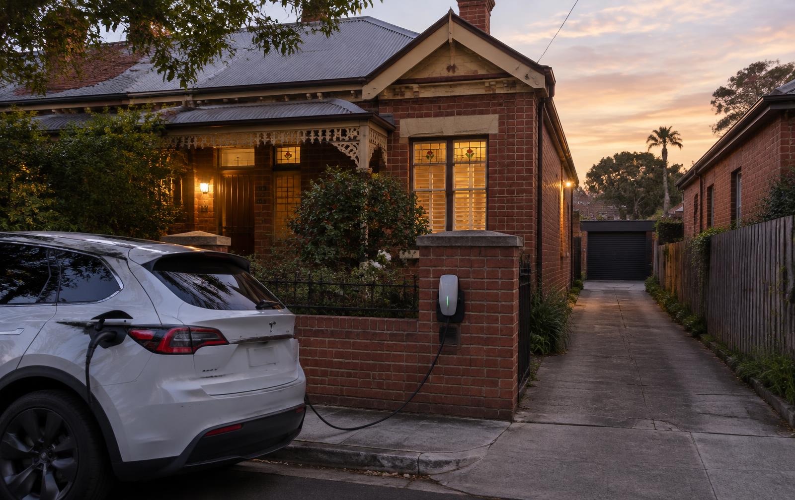Rear driveways and side access are common here, so the mounting point is chosen around the charge port.