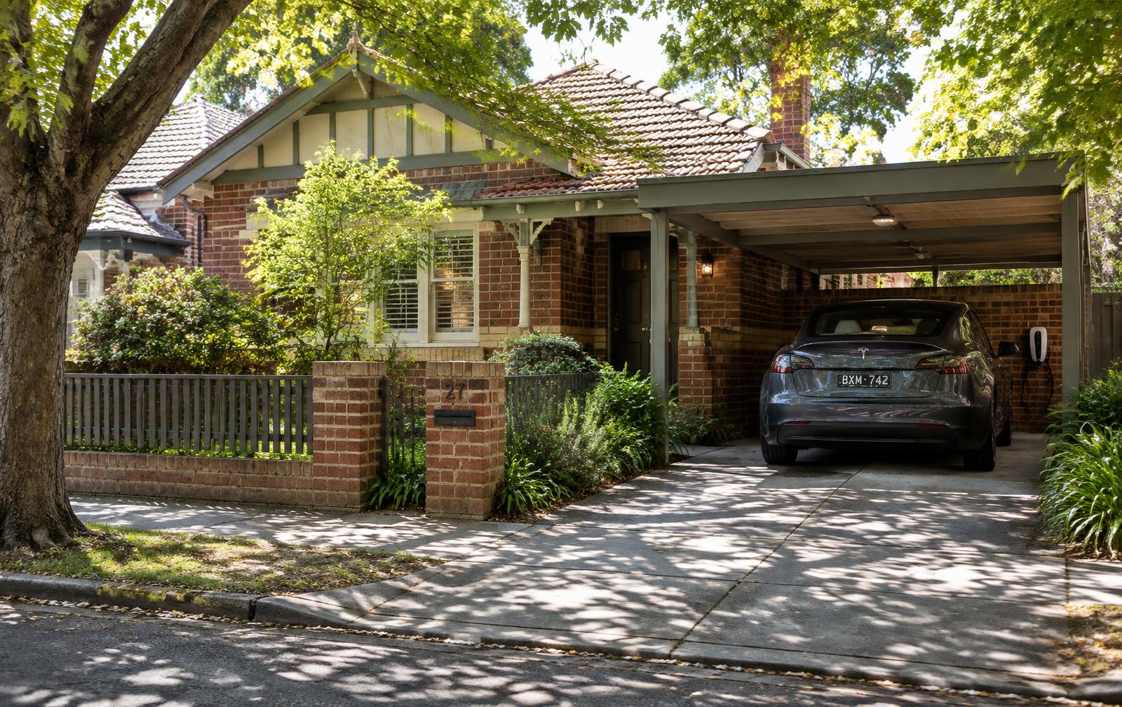 A carport charger works well here when the unit is weather rated and sits clear of the walkway.