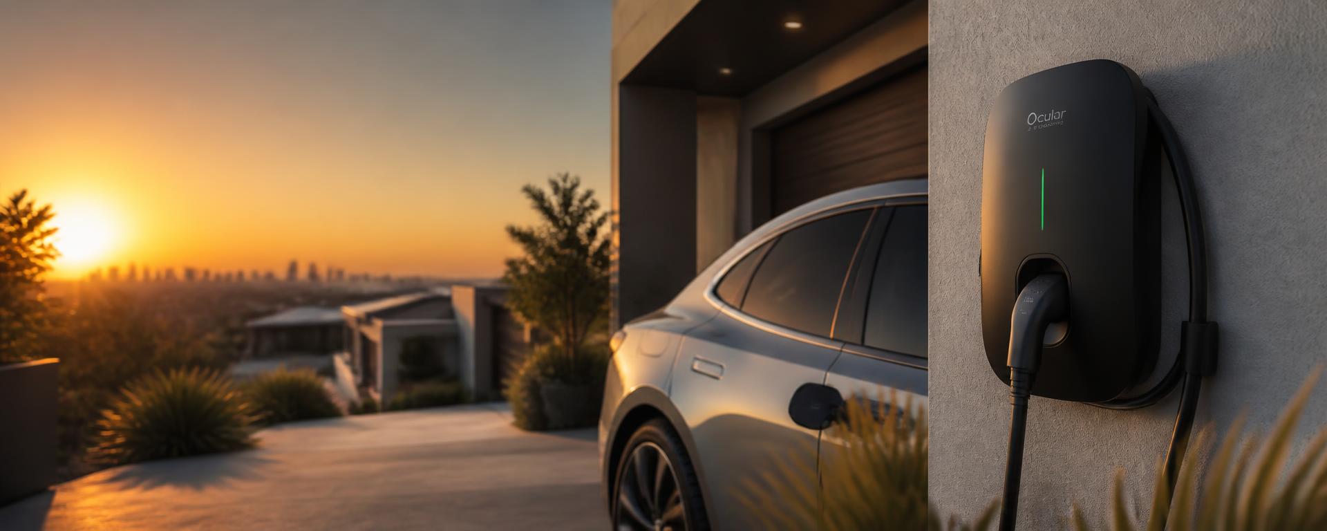 Premium EV charger installed on a modern Perth home at sunset