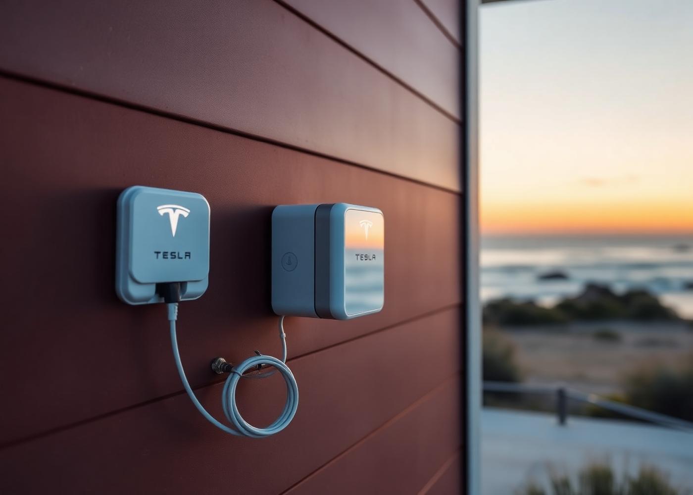 Tesla Wall Connector on a corten steel wall. Sealed, minimal, and IP55 rated for the coastal exposure.