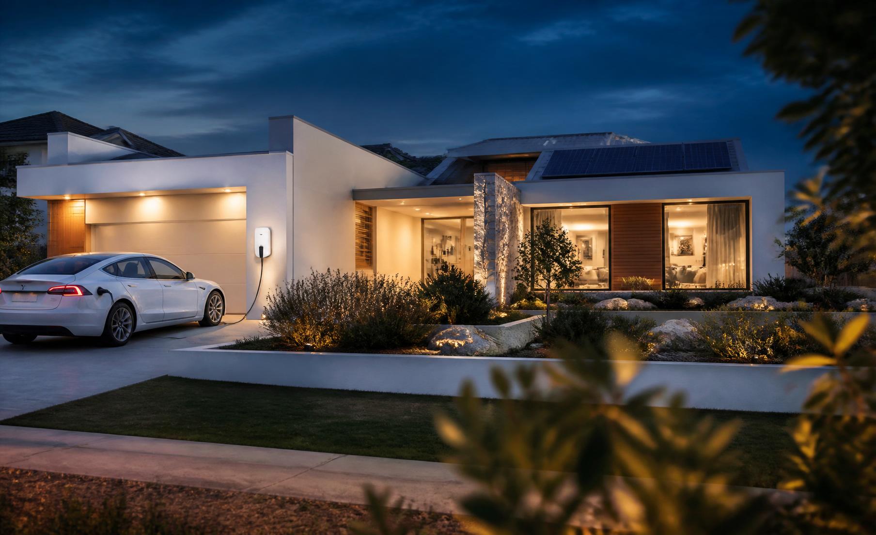 Perth home with EV charger and solar at dusk