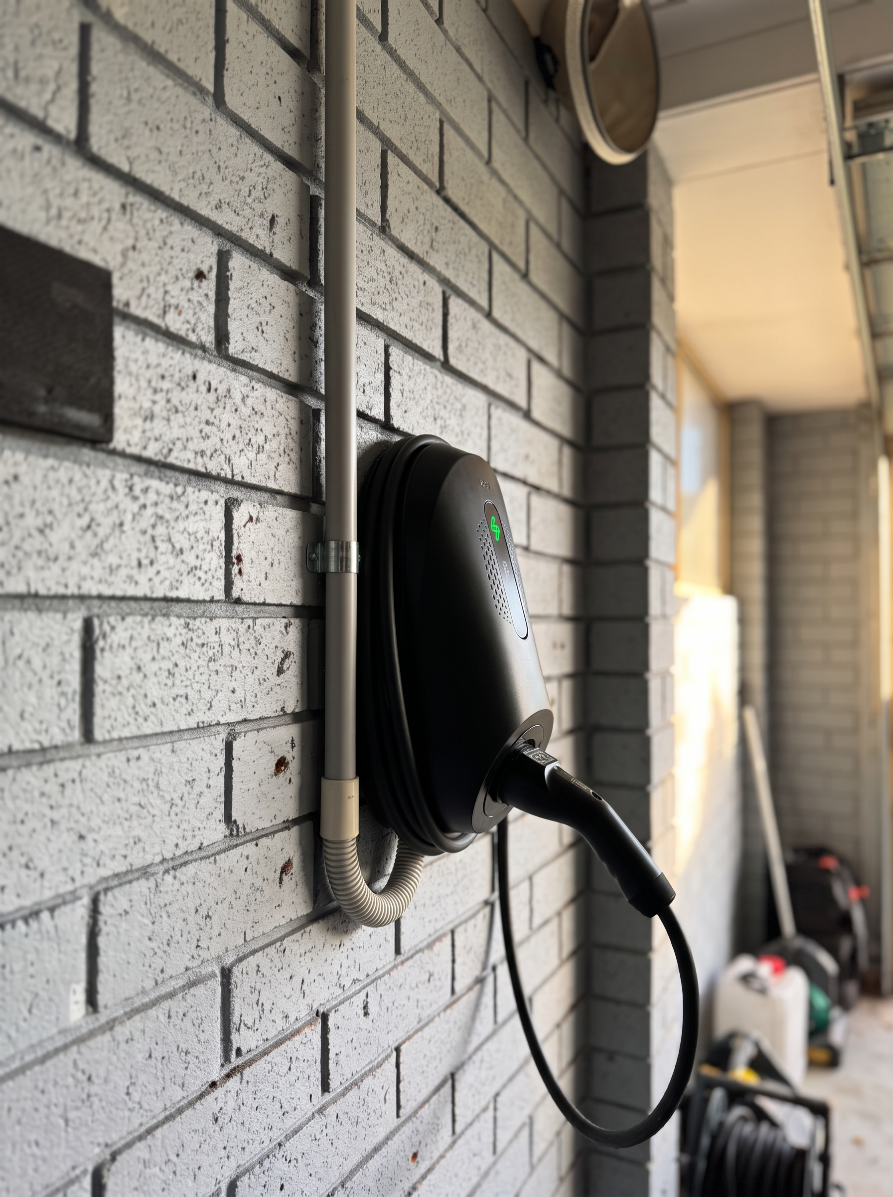 Zappi GLO charger viewed from a low angle on the garage wall