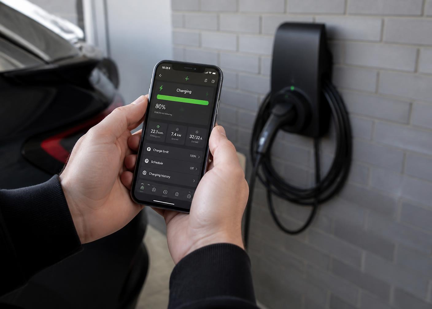 Charging app showing a live session on a phone in front of the installed charger