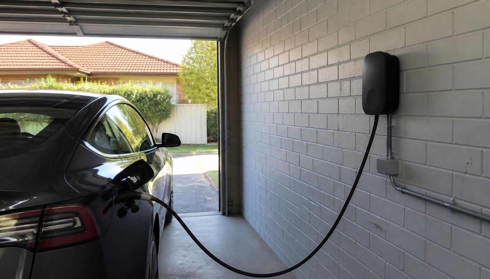 Electric car plugged into a wall mounted charger in a Perth garage